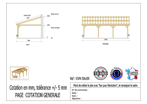 Carport adossé une pente 500cmx1050cm, bois DOUGLAS Français (Charpente en bois-auvent-abri voiture) 53 m². Garantie 10 ans