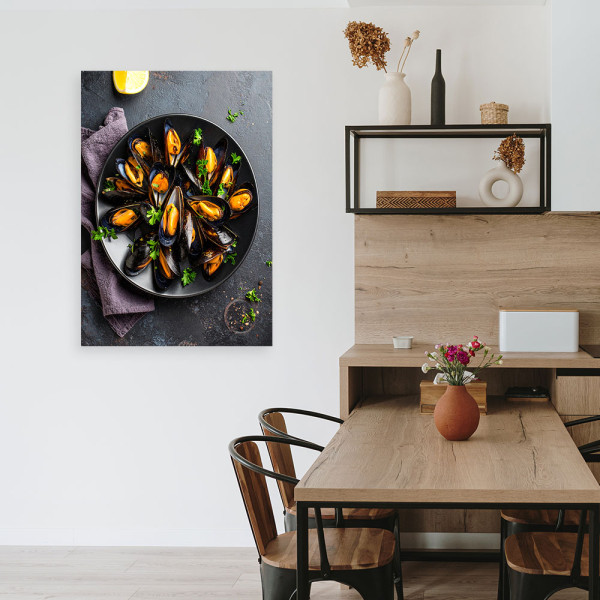 Obraz do kuchni restauracji, Owoce morza małże 20x30