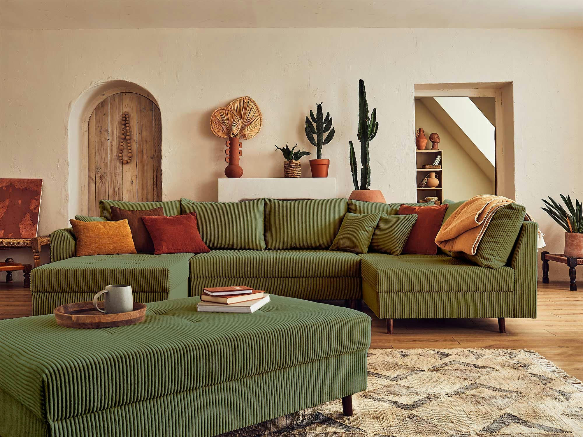 RUNE - Canapé d'angle droit convertible 7 places en velours côtelé vert
