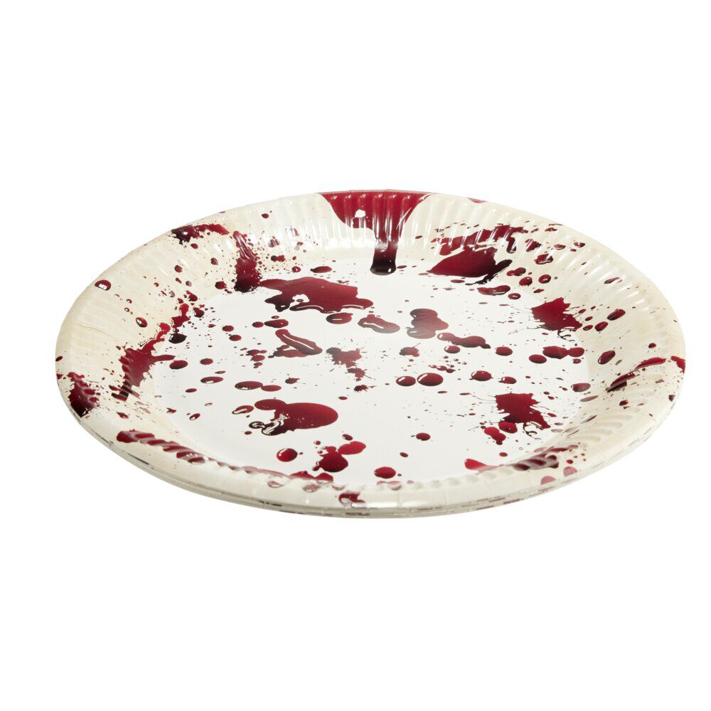 Assiette jetable Halloween X8 blanche décor effet sang Ø23cm