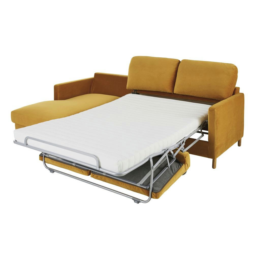 Julian - Canapé d'angle gauche convertible 5 places en velours moutarde, matelas 14 cm