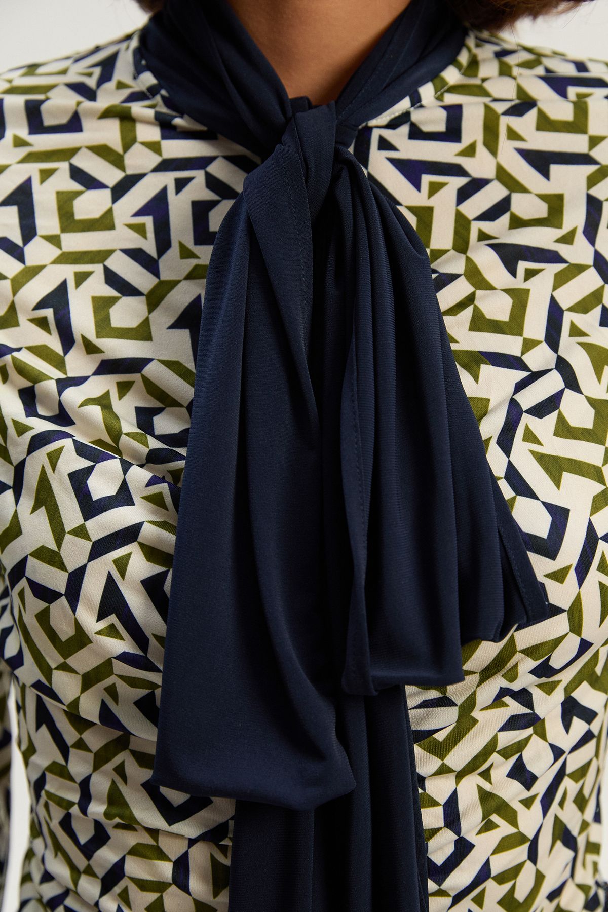 KarenMillen Geo Print Crepe Tie Neck Crepe Shirt