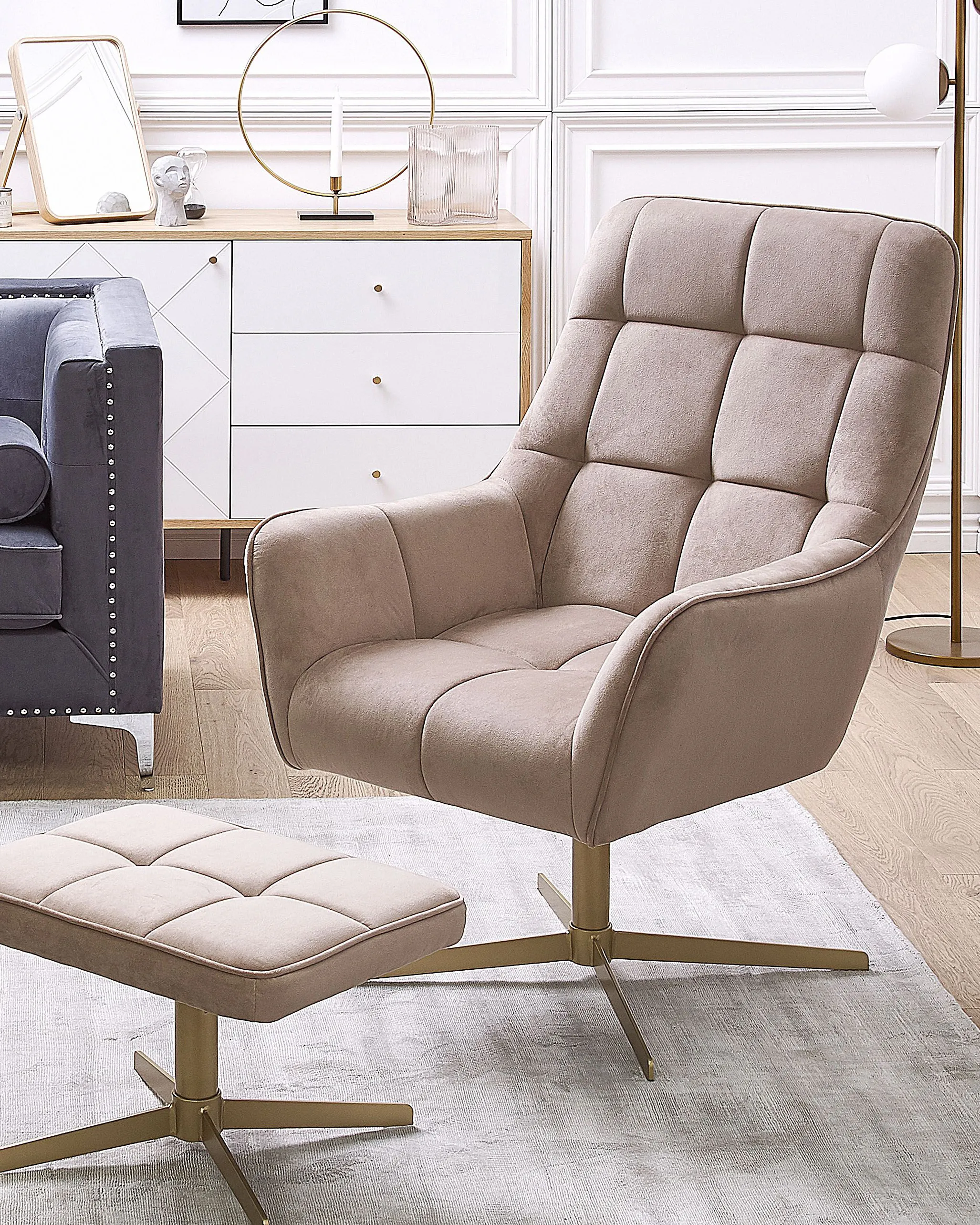 Swivel Armchair MOLLE with Footstool Velvet Beige