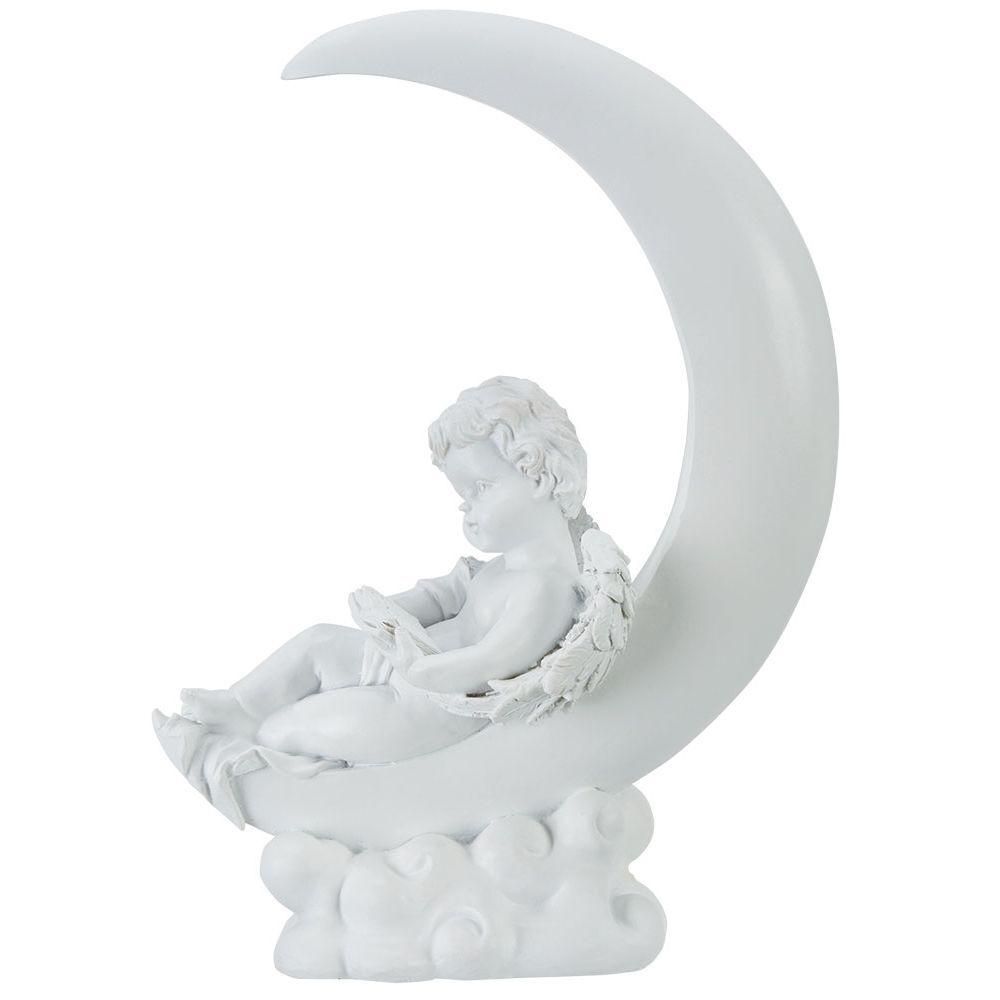 Ange funéraire assis décor lune blanc H29 cm