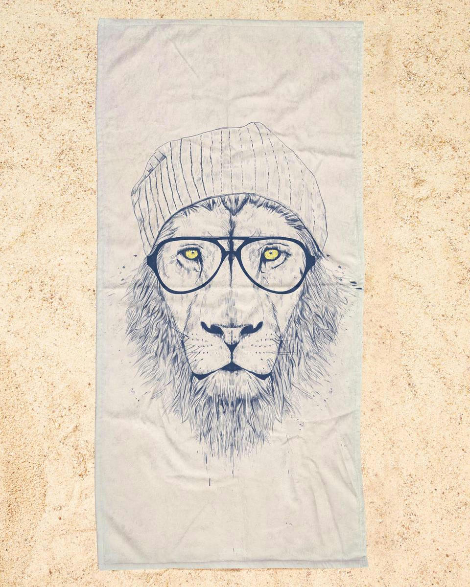 COOL LION - Serviette de plage en éponge-velours en blanc ivoire & noir 90x180