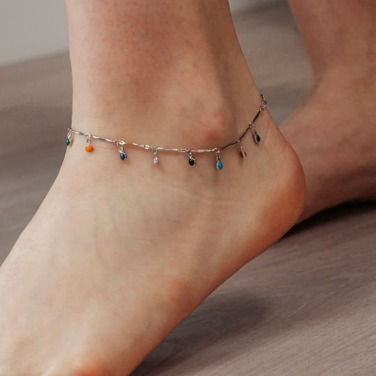 The Colourful Aura Colourful Mama Boho Charm Silver Dangle Dainty Rainbow Anklet