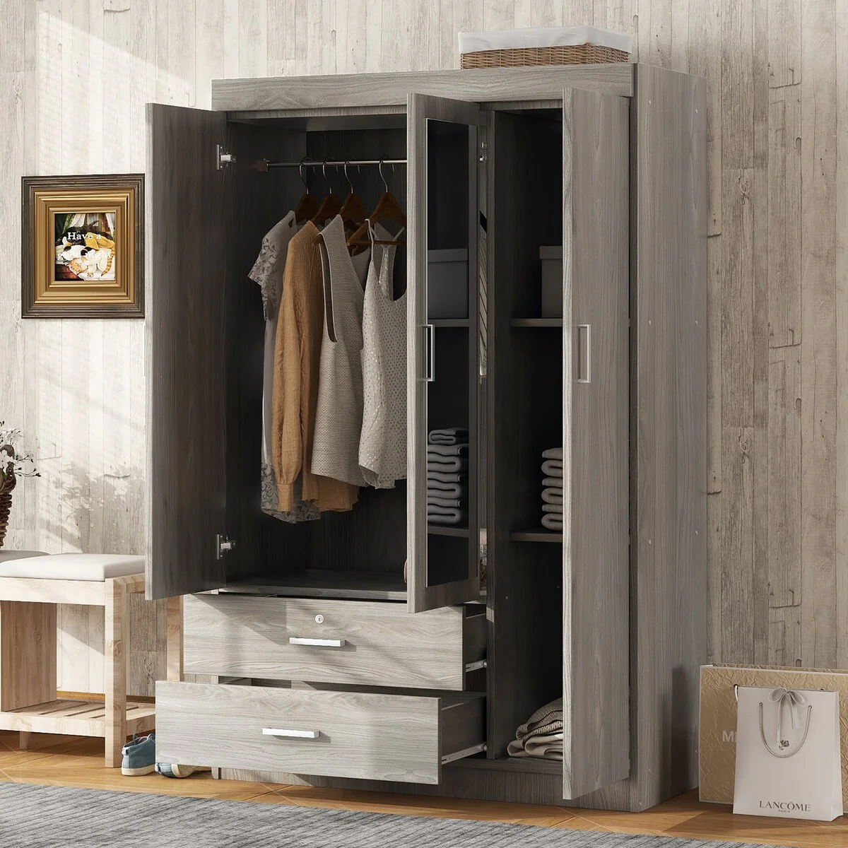3-Door Mirror Wardrobe with shelves for Bedroom,Living Room