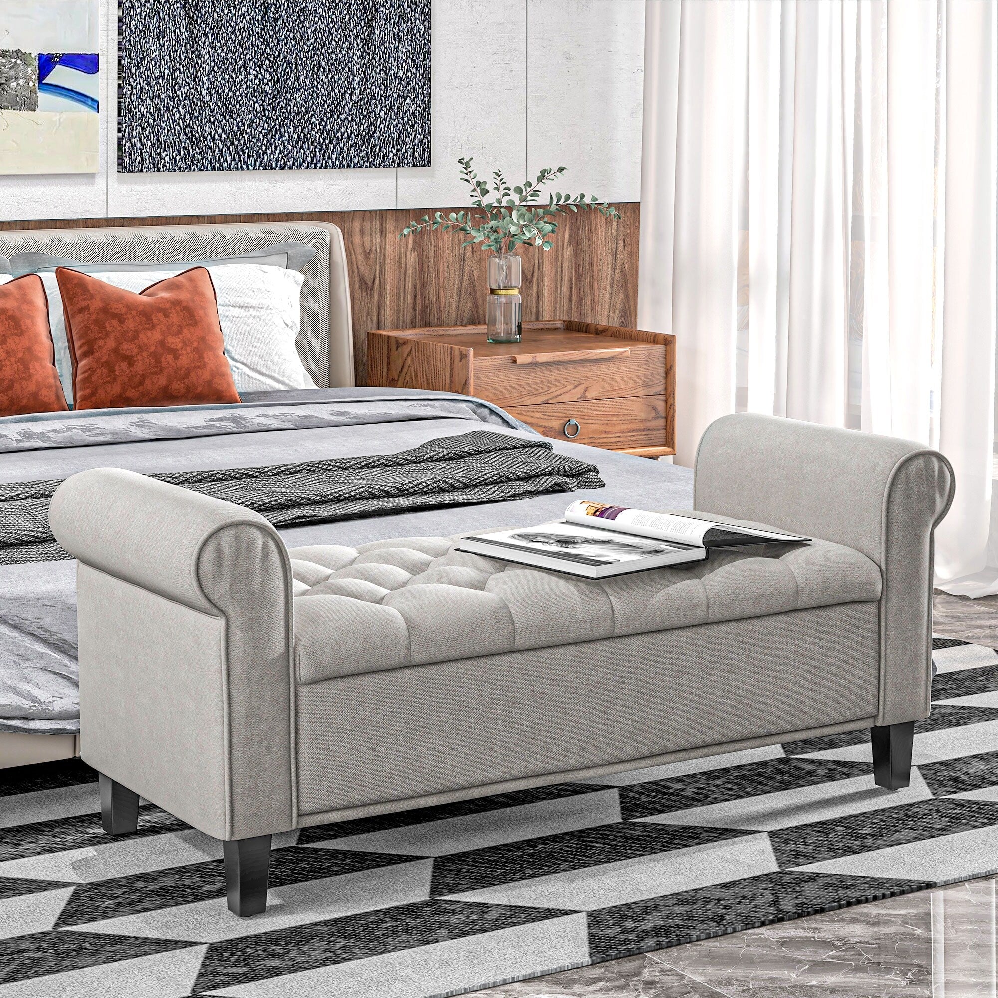 HOMCOM 50 Storage Ottoman Bench, Upholstered End of Bed Bench with Rolled Arms, Wood Legs, Button Tufted Storage Bench Gray