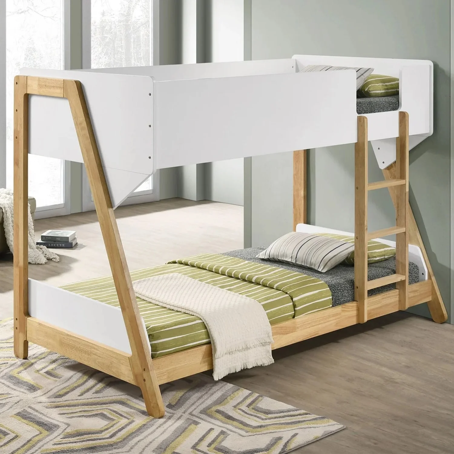 Wooden Twin Over Twin Bunk Bed with Ladder in White and Natural