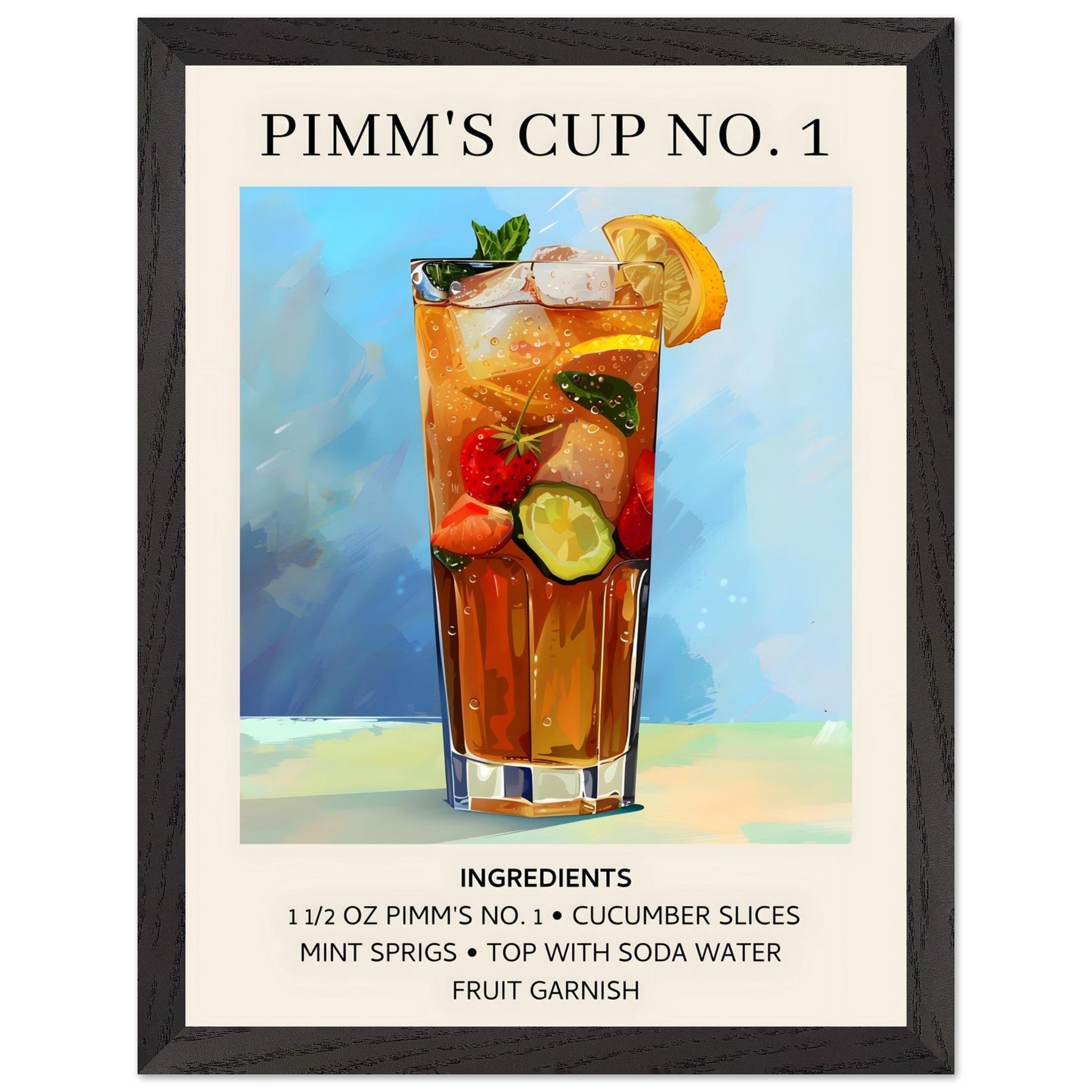 Artfulprints Poster met Lijst Pimm's Cup No. 1 cocktail - Ingrediënten  - 30x40 cm - Blauw