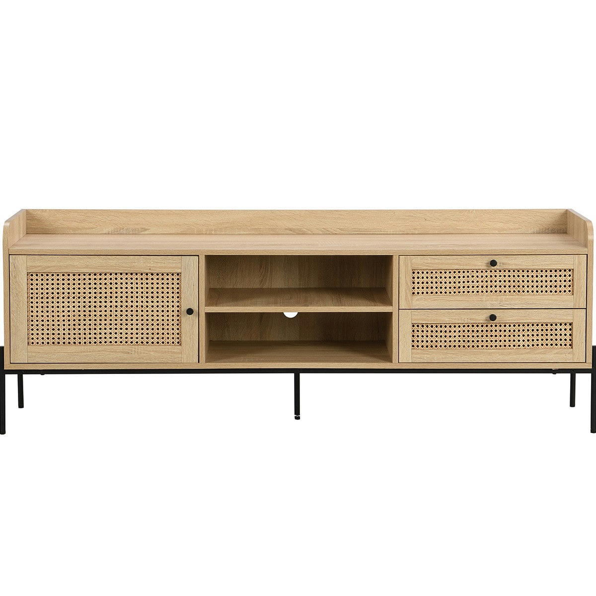 IRIS - Meuble TV 1 porte 2 tiroirs en cannage naturel et effet chêne 160 cm