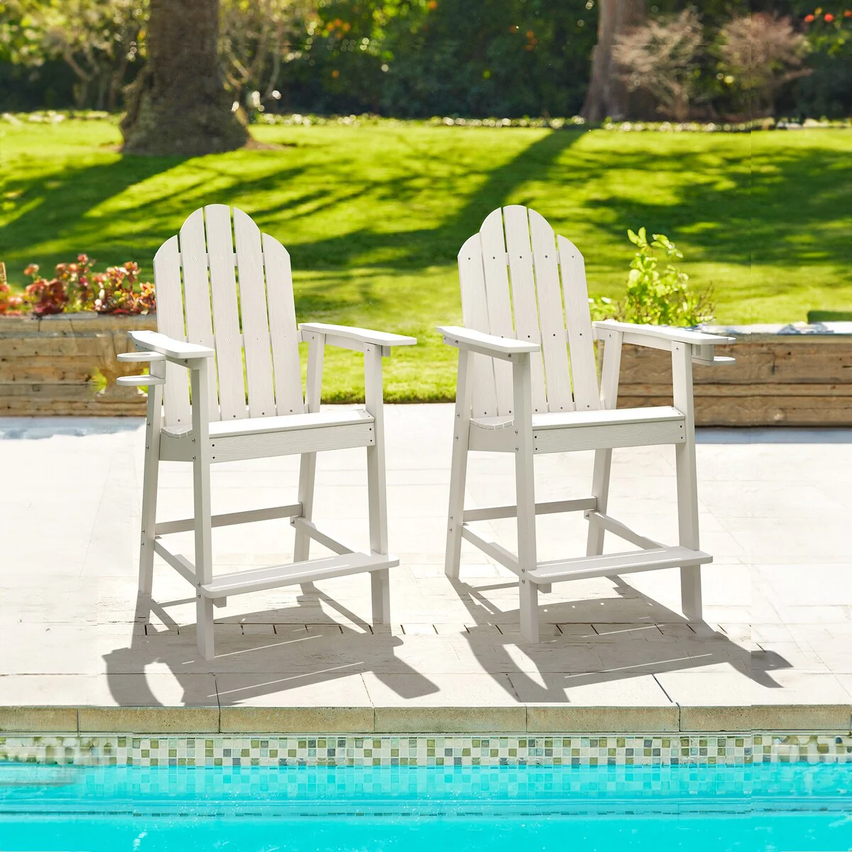 LUE BONA Patio HDPS Plastic High Adirondack Chairs Set of 2 Bar Height Arm Chairs with Cup Holder