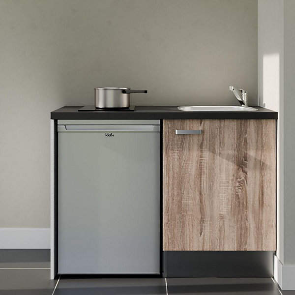 Kitchenette K08 façades Bois - Plan de travail Noir texturé - Crédences : Non - Evier inox - Electroménager Inox inclus
