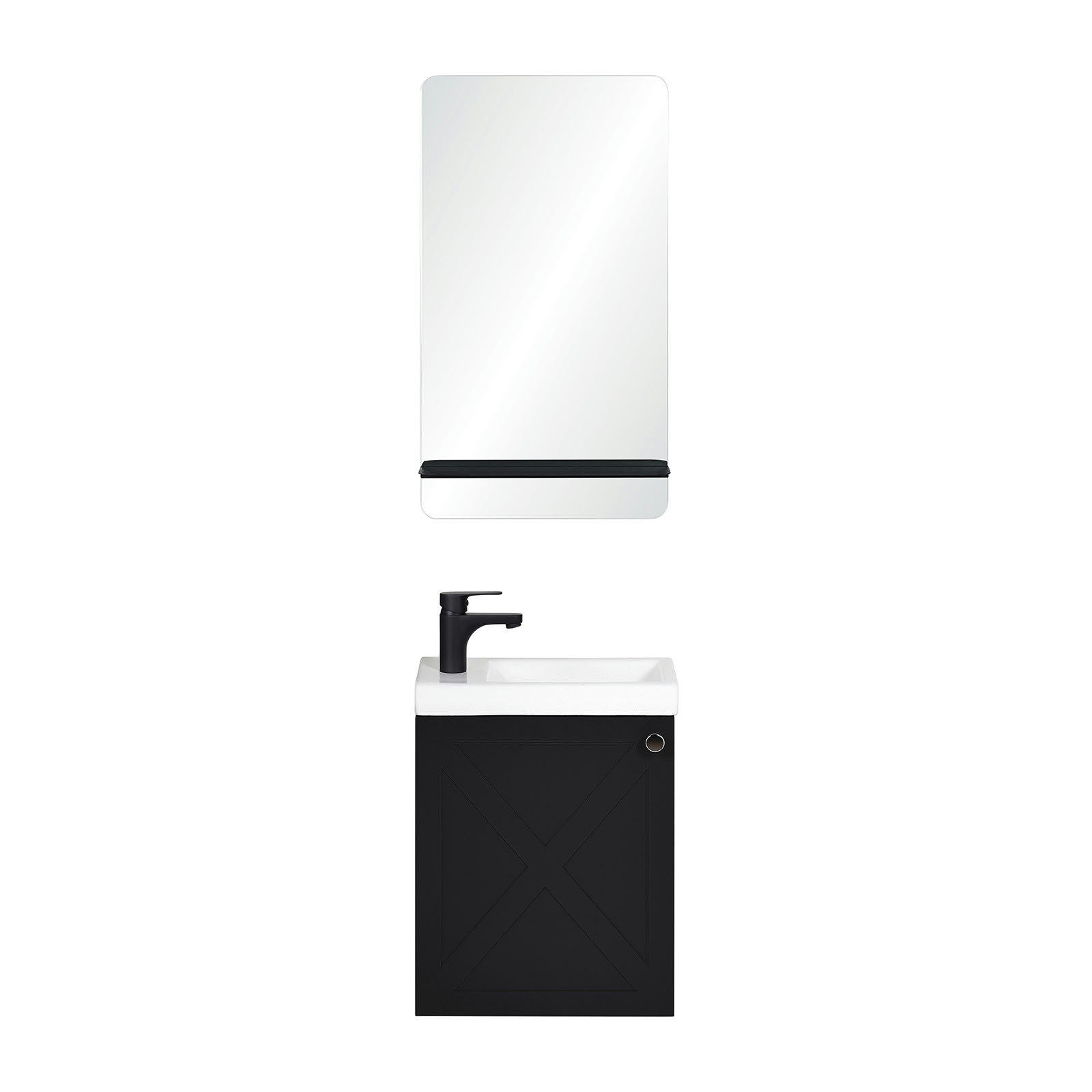 AVA - Meuble lave-mains  noir carbone + miroir tablette noire + robinet noir