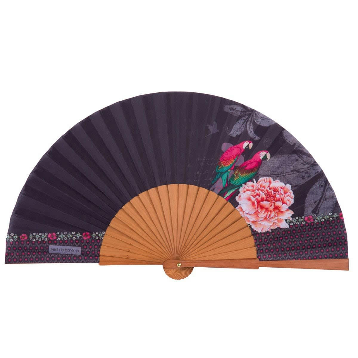 MACAO - Éventail en bois de merisier et coton imprimé fleuri noir