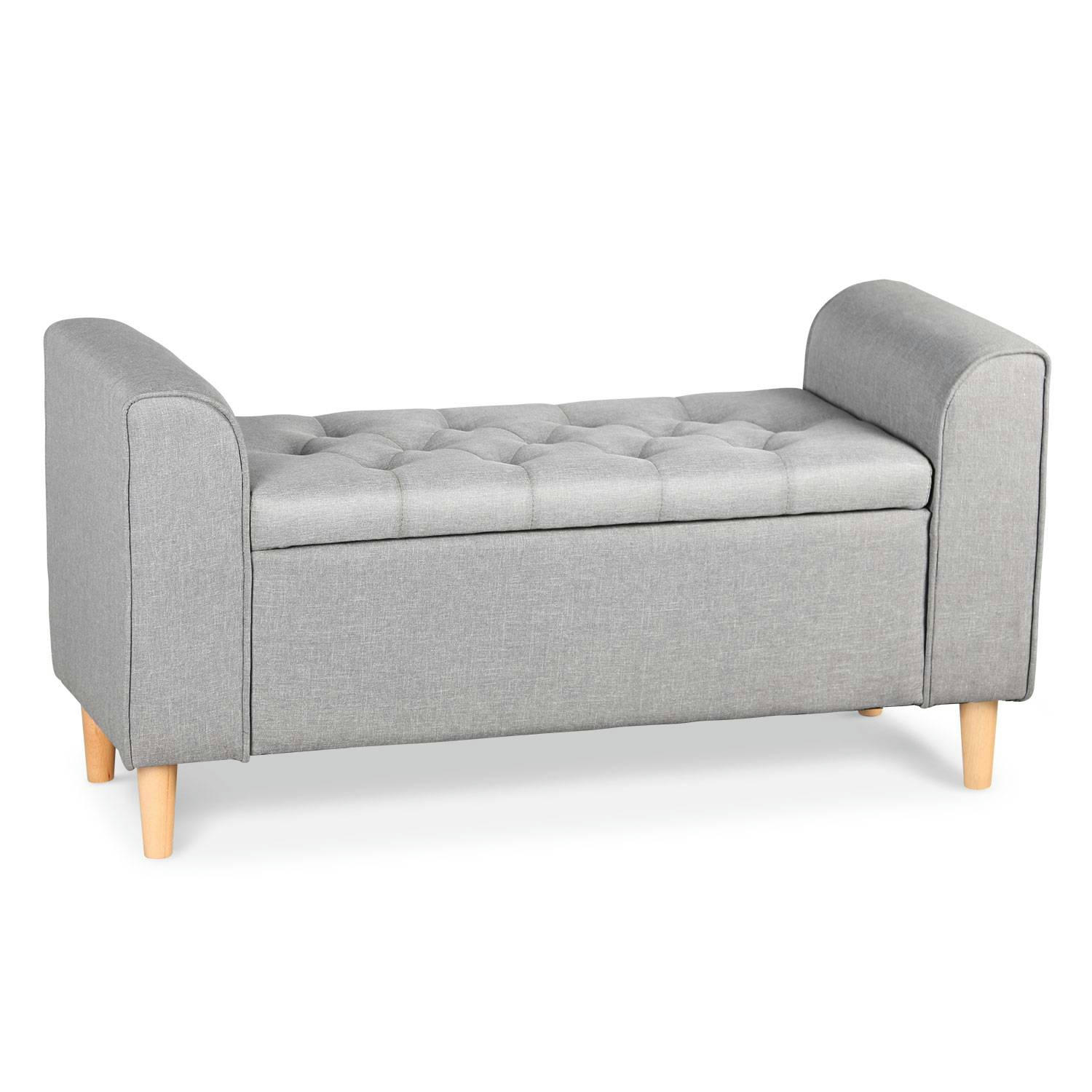 WINNIE - Banc coffre en tissu gris clair et pieds bois