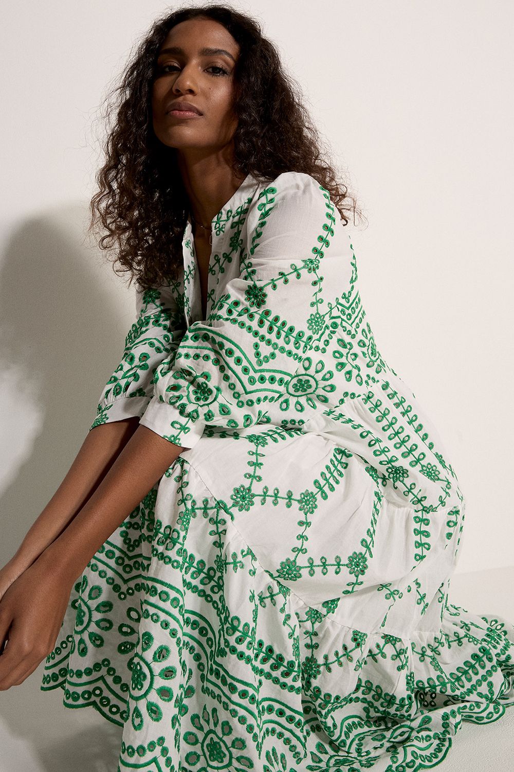 Apricot Floral Cotton Broderie Anglaise Midi Dress