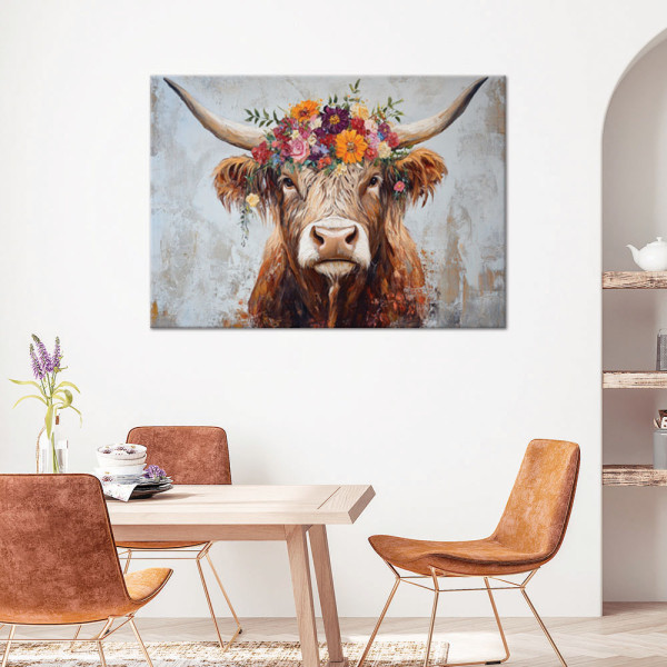 Feeby Obraz na płótnie, Vintage Krowa Szkocka Kwiaty 60x40