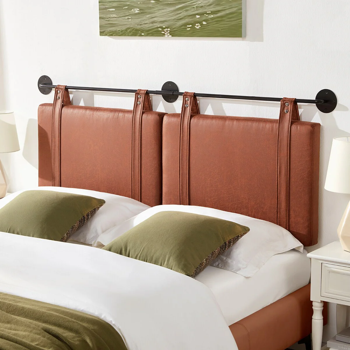 Wall Mounted Headboard King Size with Faux Leather Straps, Linen Fabric Upholstered Headboard with Adjustable Heigh Headboard