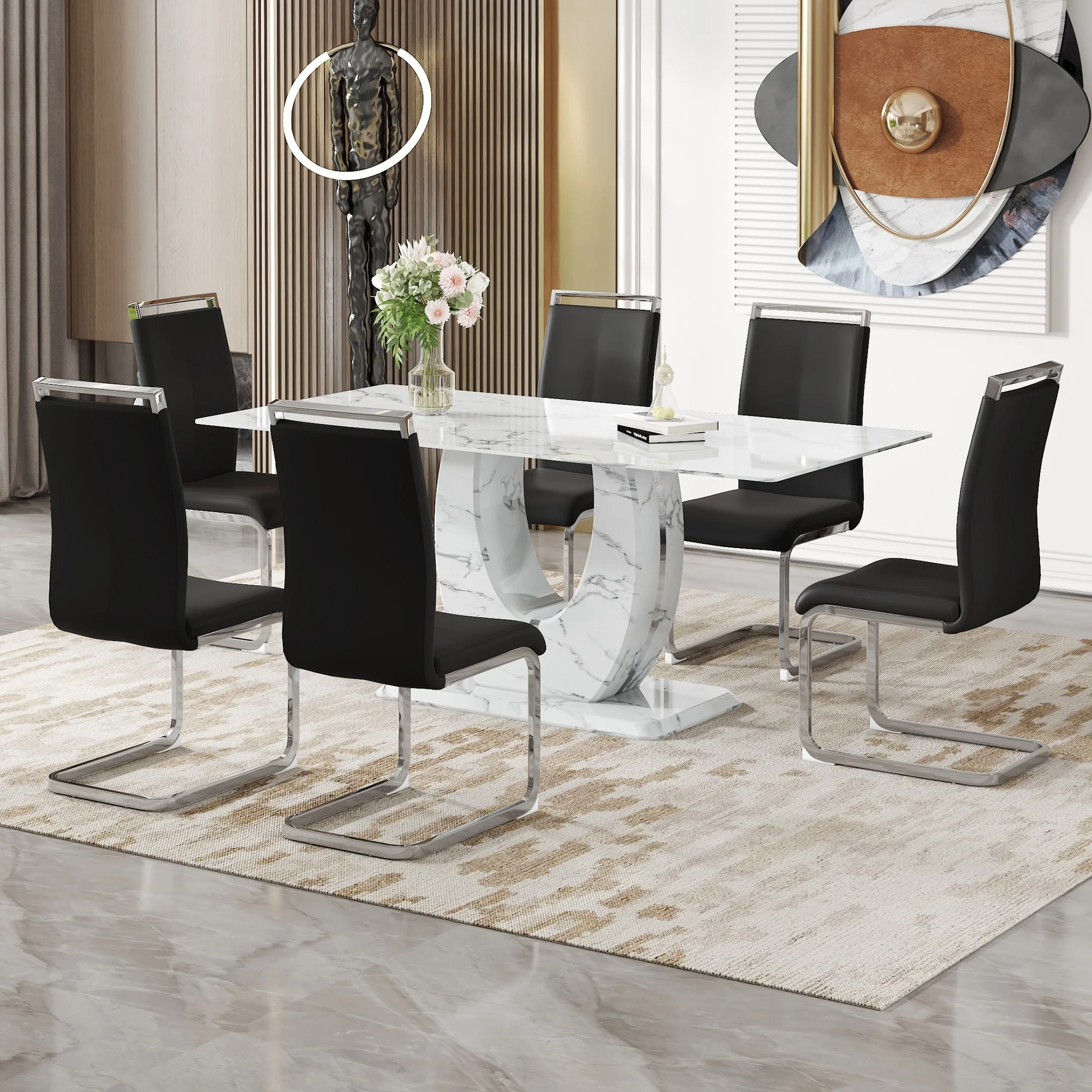 Luxury Faux Marble Dining Table Set with U-Shaped Base, PU Upholstered Chairs with Arched Silver Metal Legs