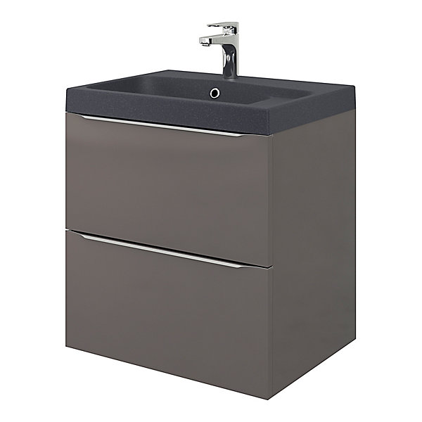 Meuble vasque suspendu gris brillant l.60 cm Imandra   plan vasque noir résine Mila, GoodHome