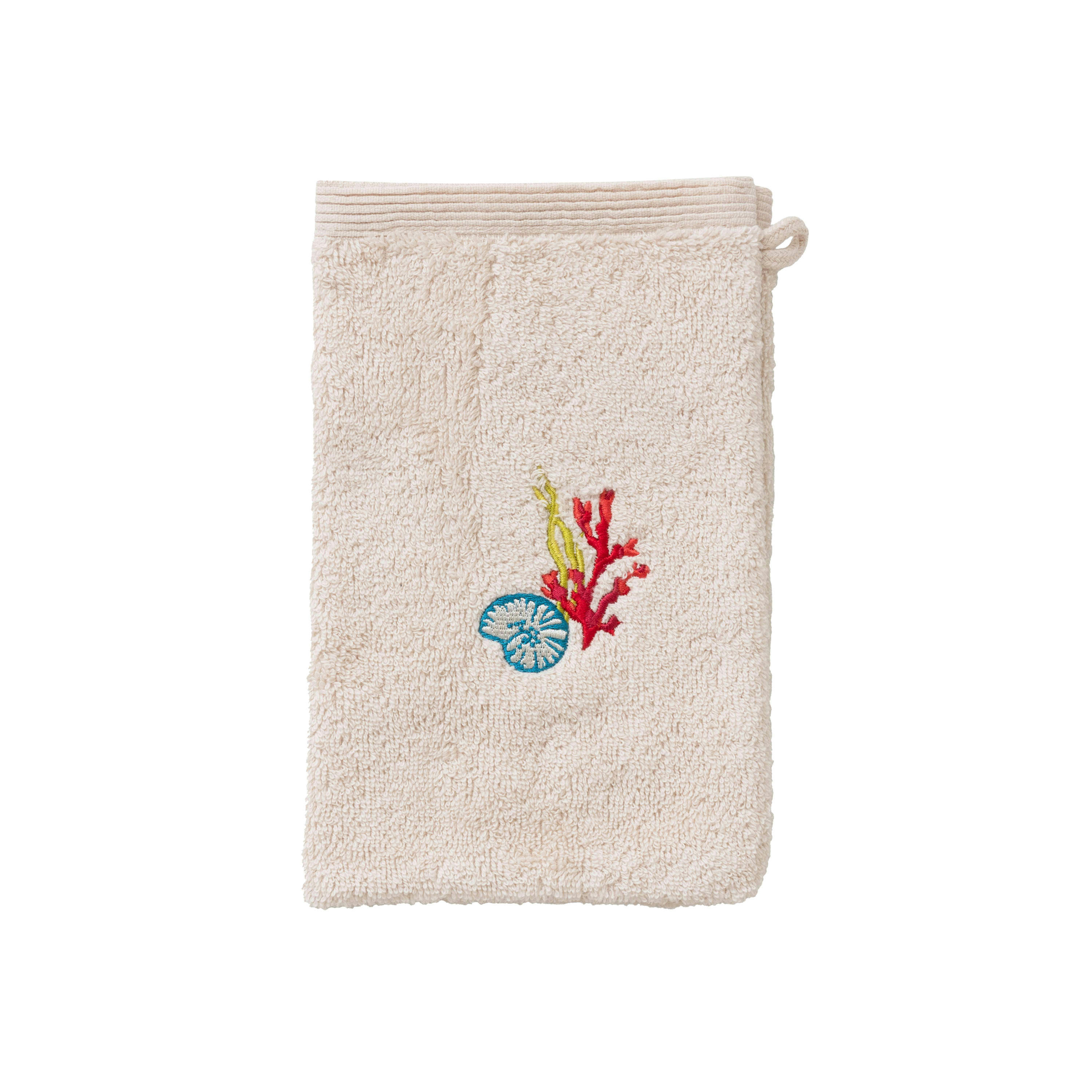 RECIF - Gant de toilette coton bouclette brodé beige 15 x 21 cm