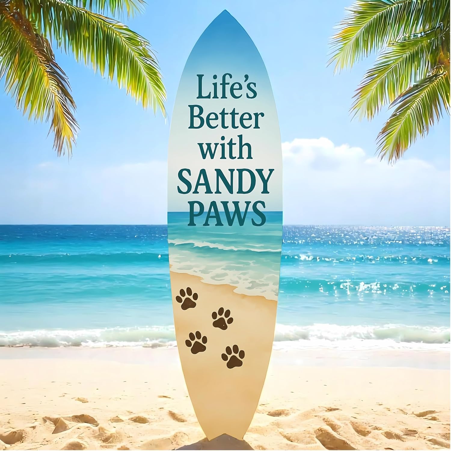 JennyGems Outdoor Decorative Surfboard Wall Art, Pet Wall Decor for Porch, Pool, Fence, PVC Beach House Decoration, Life's Better Sandy Paws, 5 foot