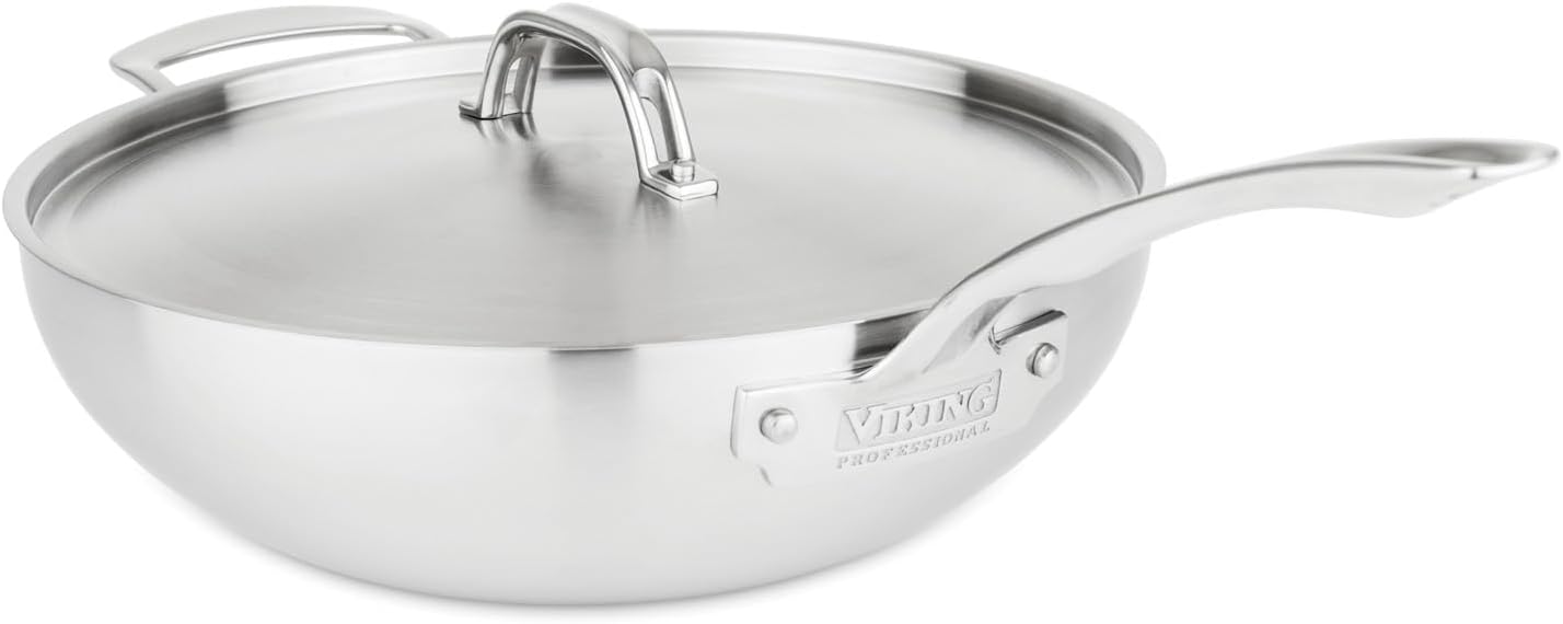 Viking 5-Ply Chef Pan, 12 Inch Stainless Steel Saute and Frying Pan with Lid, Dishwasher and Oven Safe, Induction Ready, Silver