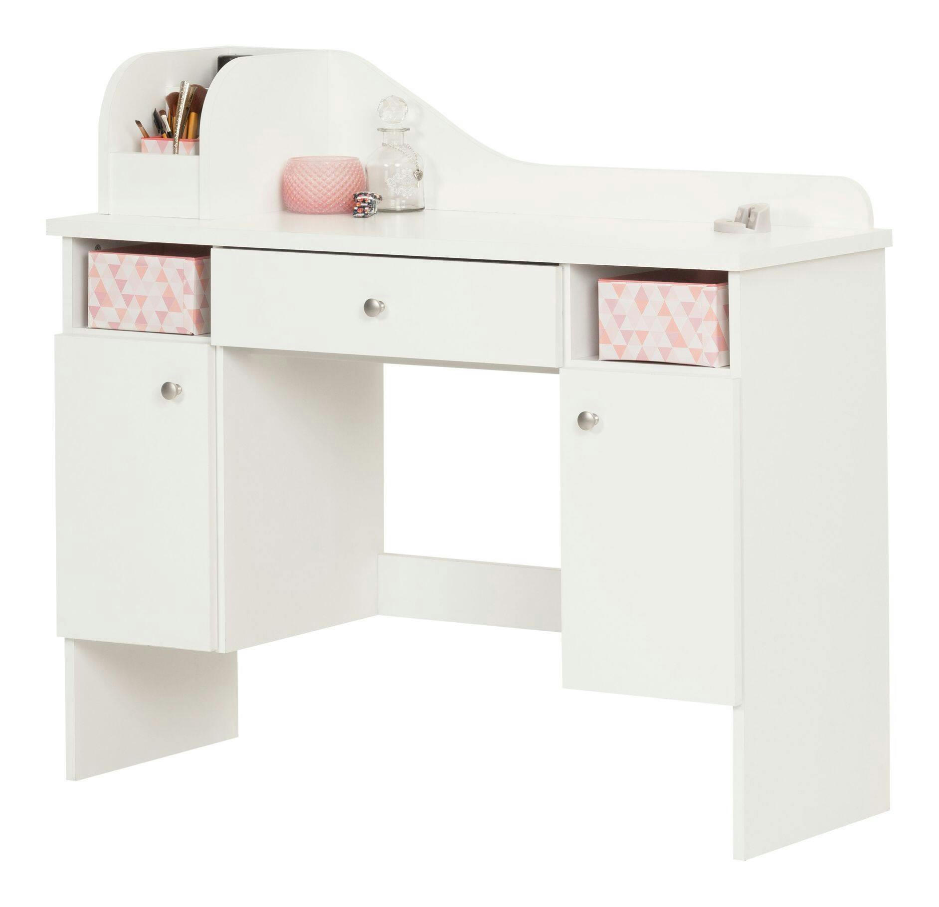South Shore Vito Makeup & Vanity Dressing Table/Desk With Storage, Pure White/Pink