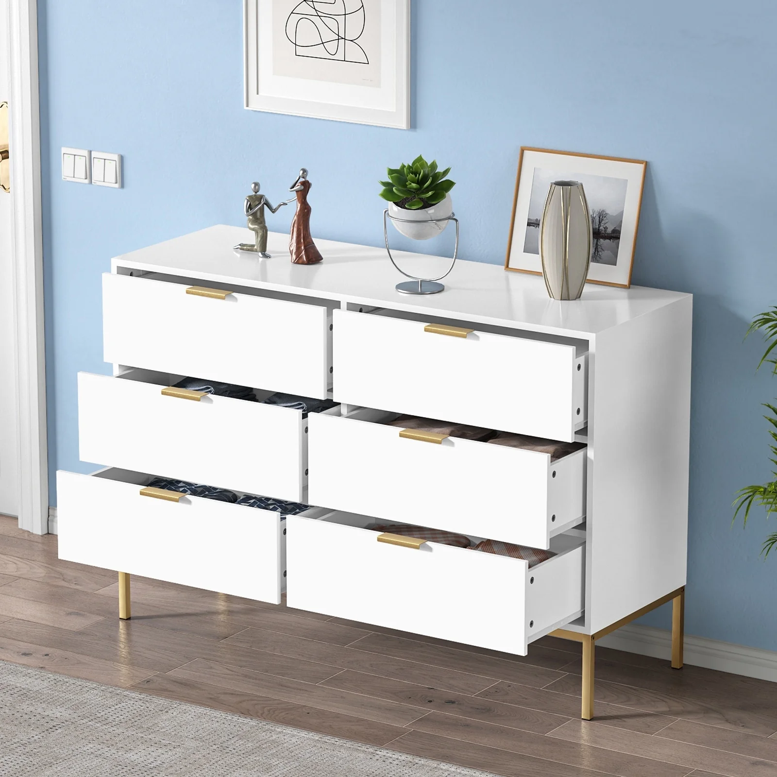 Anmytek Modern 6-Drawer Double Dresser for Bedroom Wood Chest of Drawers White Wide Storage