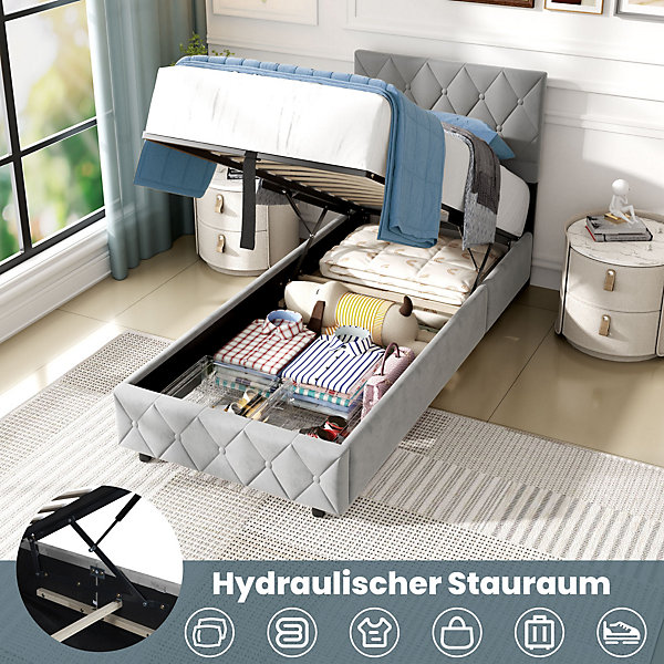 Lit Coffre 90x200 cm - Tête Capitonnée en Velours Gris Clair avec Rangement Hydraulique - Sans Matelas