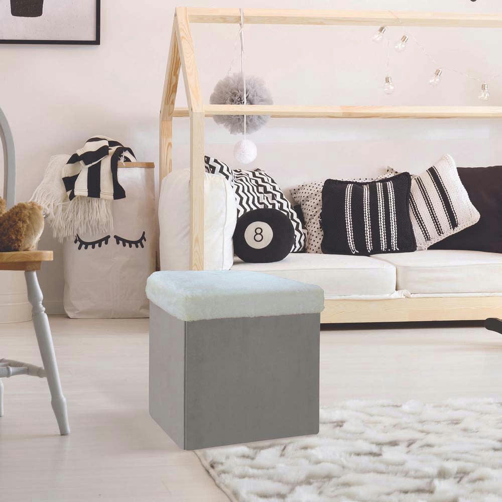 - Pouf coffre de rangement bicolore imitation fourrure léo gris clair et