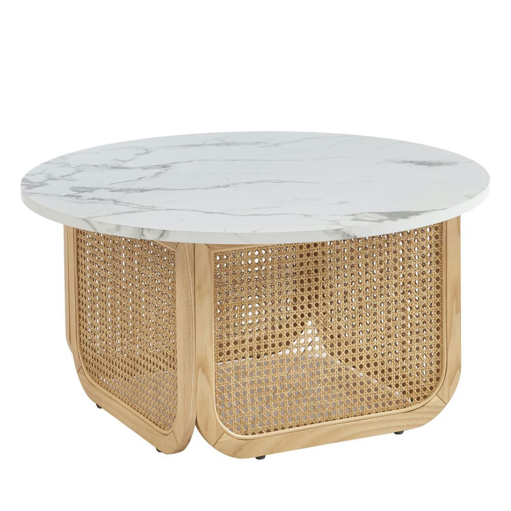 BOMBONG - Table basse ronde effet marbre et cannage D80cm marbre blanc