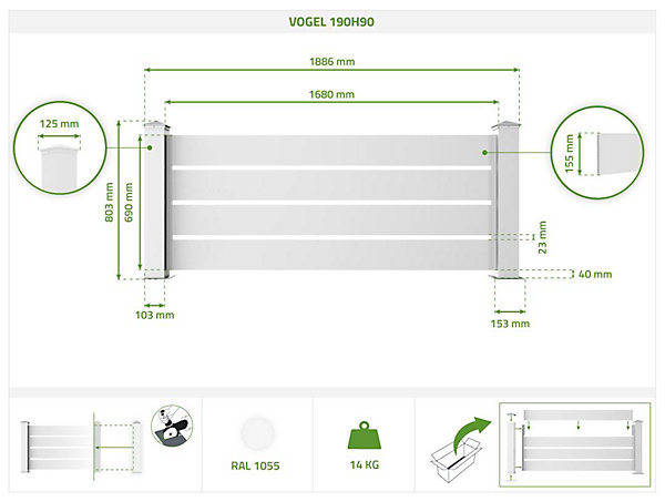 Lot de 2 clôtures aluminium 1,9m VOGEL H.90cm blanc