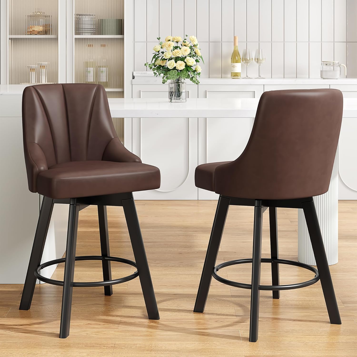 Swivel Bar Stools with Backs, 24 Counter Height Bar Stools Set of 2, PU Leather Upholstered Counter Barstools with Solid Wood Legs for Kitchen Island, Home Bar, Brown