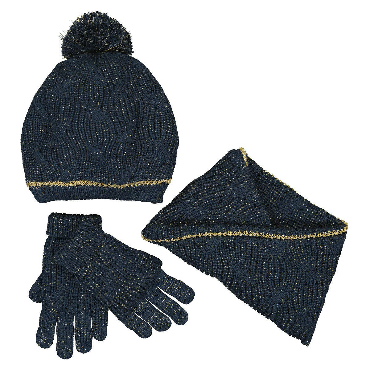 Ensemble bonnet à pompon + snood + gants