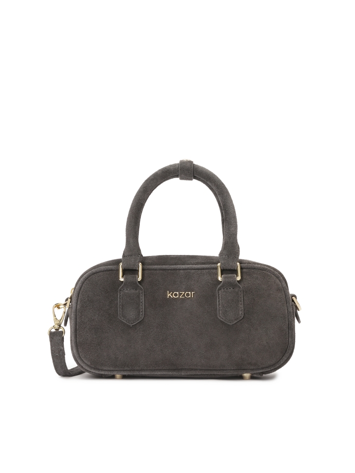 Small suede bowling bag with detachable strap
