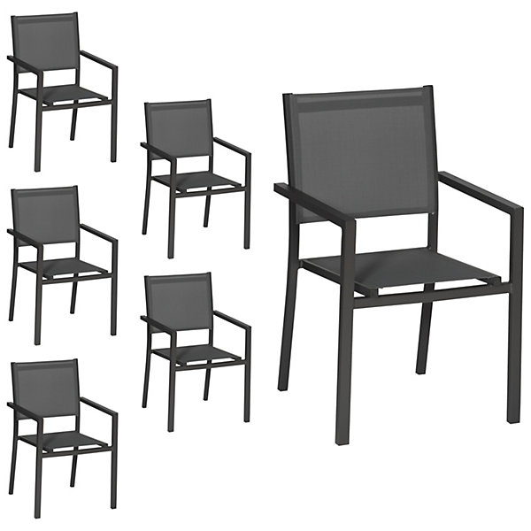 Lot de 6 chaises en aluminium anthracite - textilène gris - HAPPY GARDEN