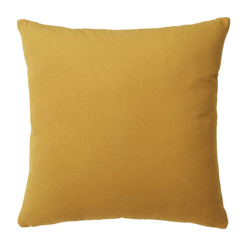 JOSETTE - Coussin en velours piqué motifs plumes jaune moutarde 45x45