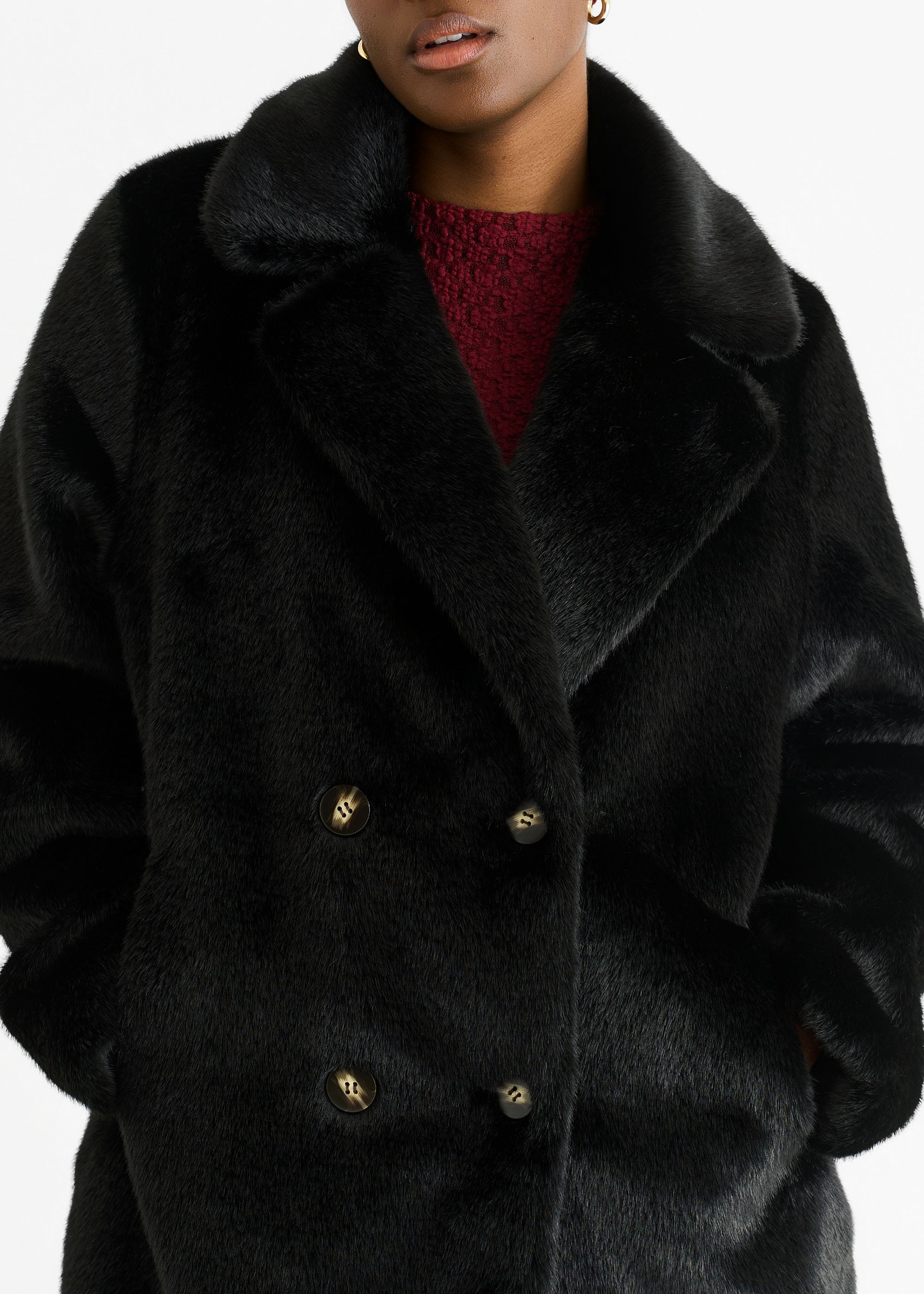 Gini London Black Faux Fur Double Breasted Longline Jacket