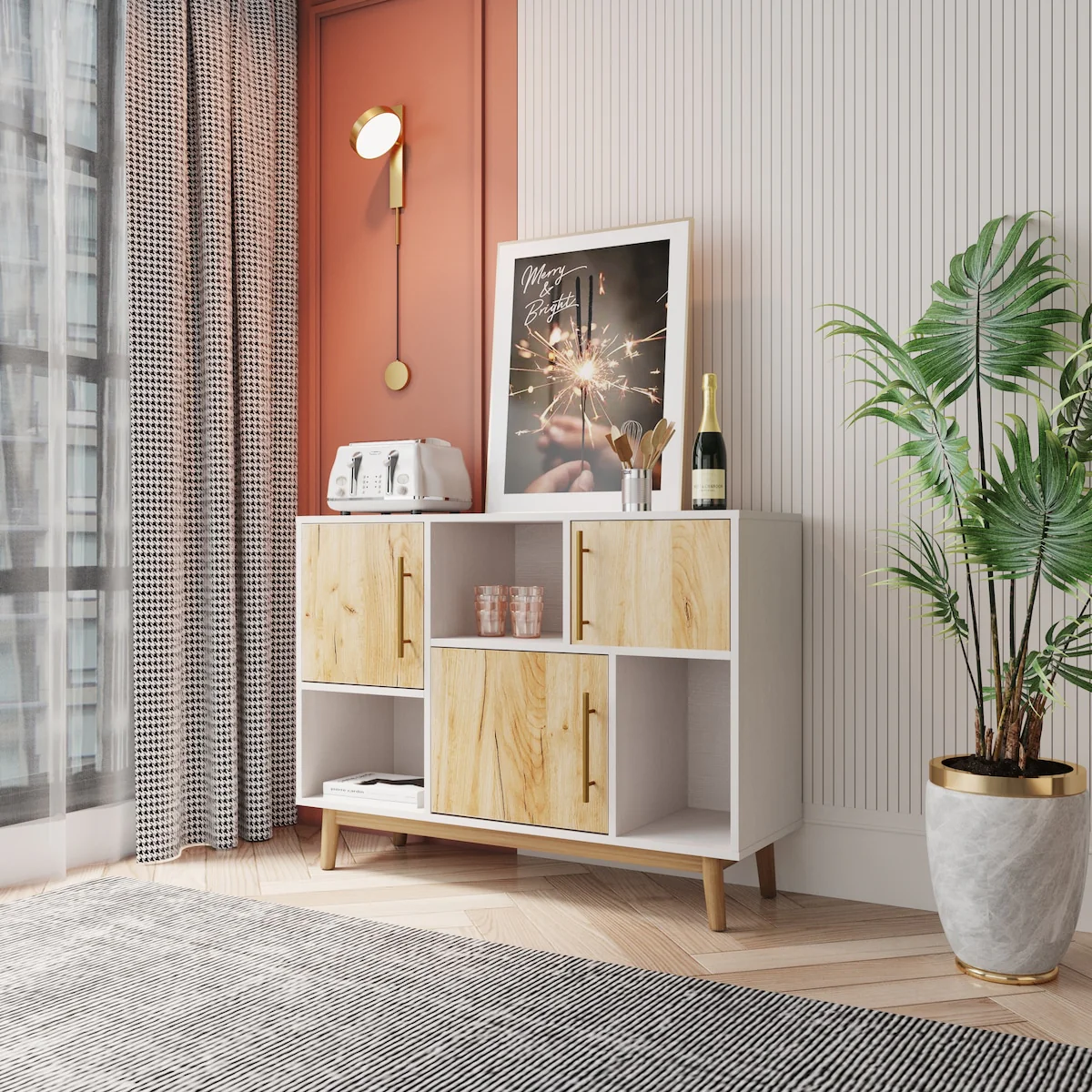 Multi-purpose storage cabinet with display stand and door, entrance channel, modern buffet or kitchen sideboard