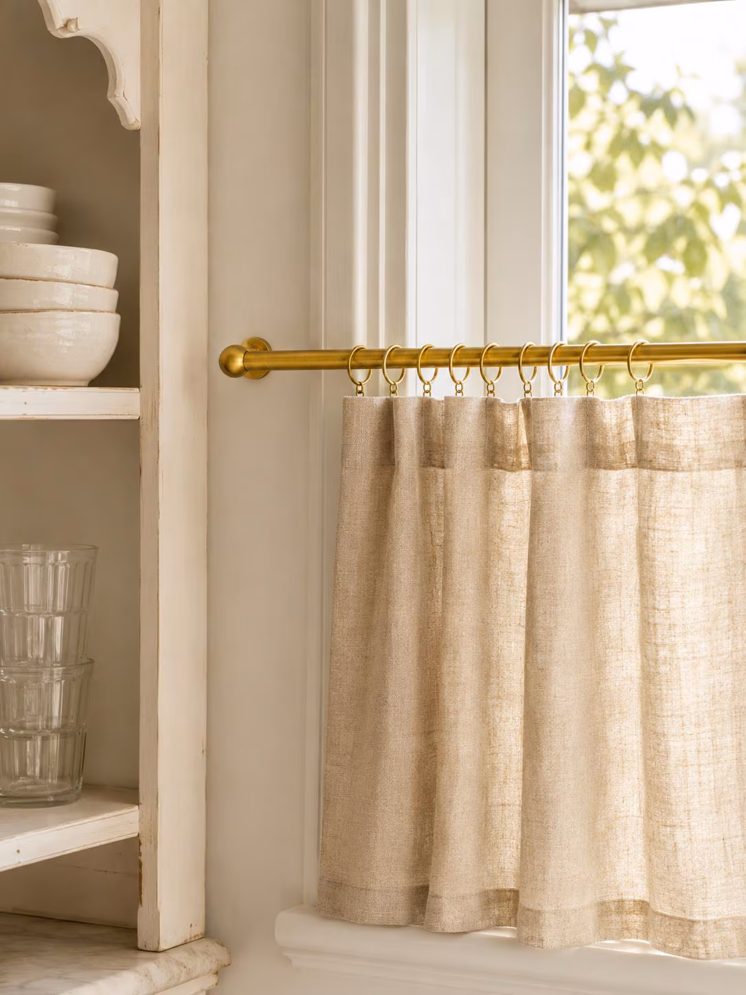 Brass Small Cafe Curtain Rod with Rings, Adjustable Portiere Rod, Kitchen Window Short Curtain Rod, Ball Finial Curtain Pole
