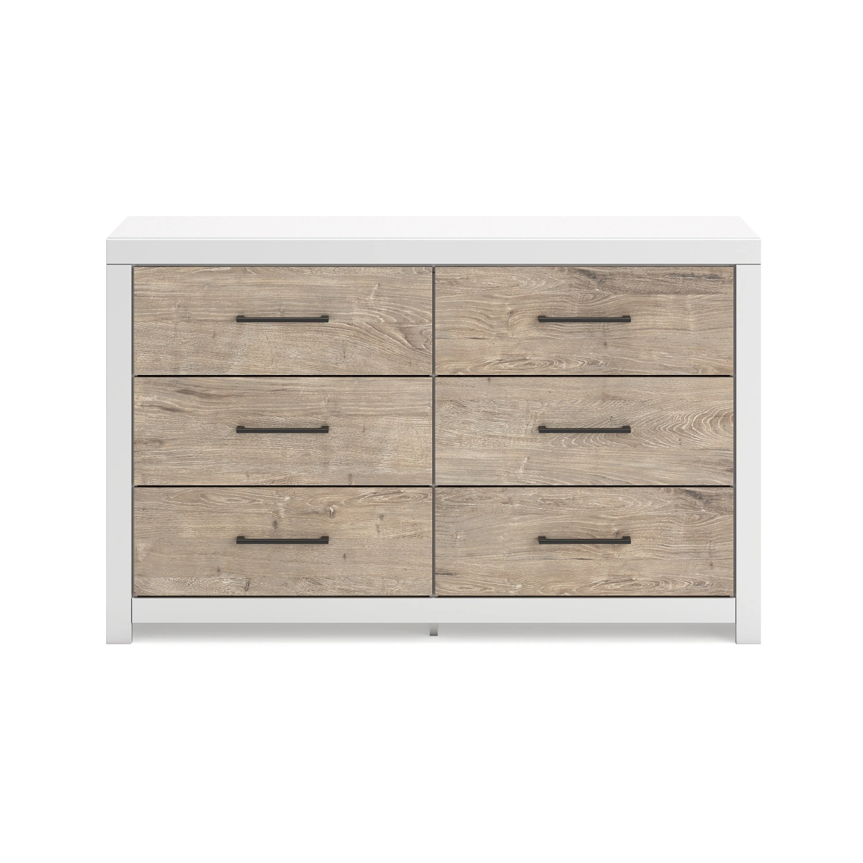 Bittz 59 Inch Dresser, 6 Drawers, Modern Laminate White, Light Brown