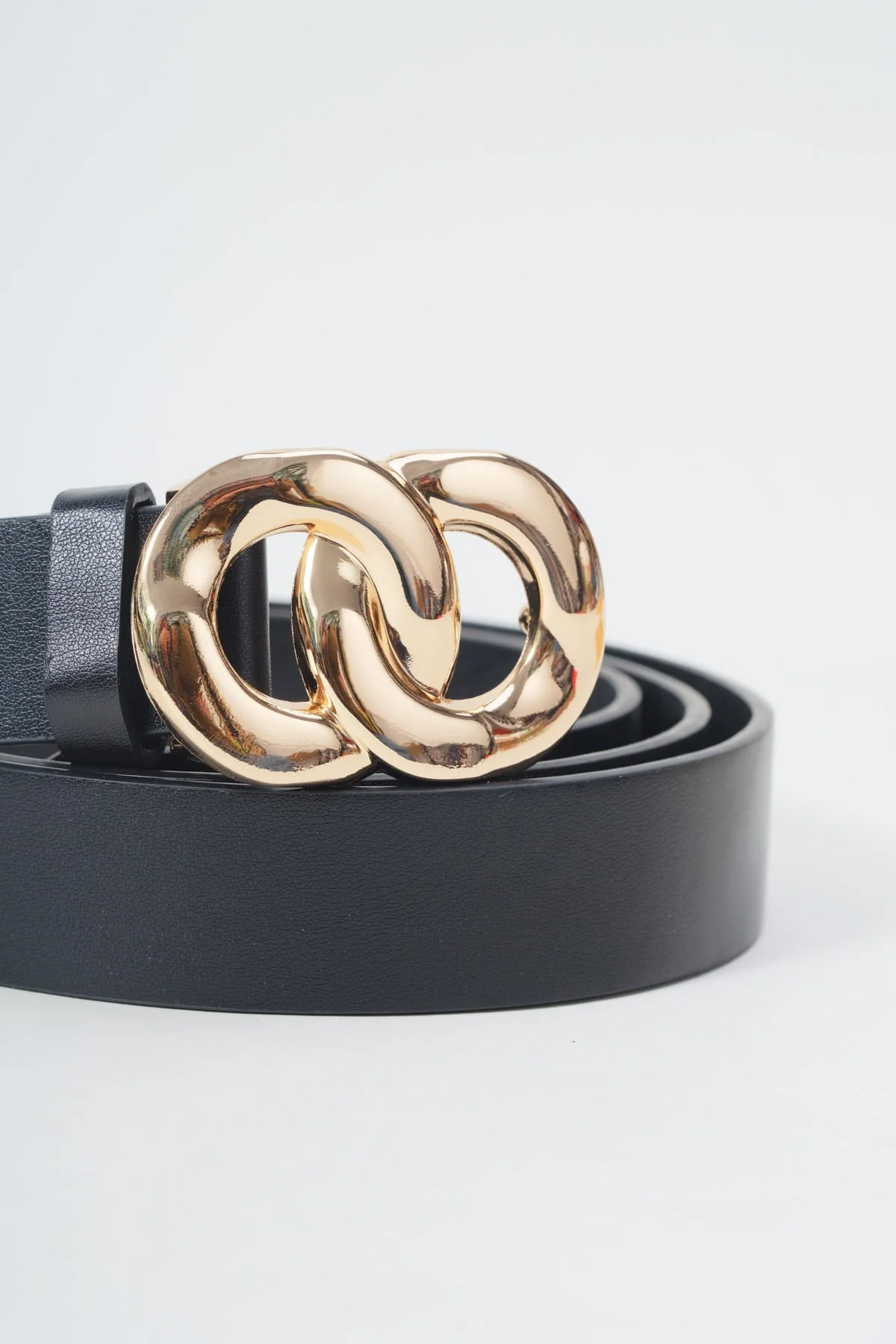Double Gold Circle Clasp Black Belt - Size M/L