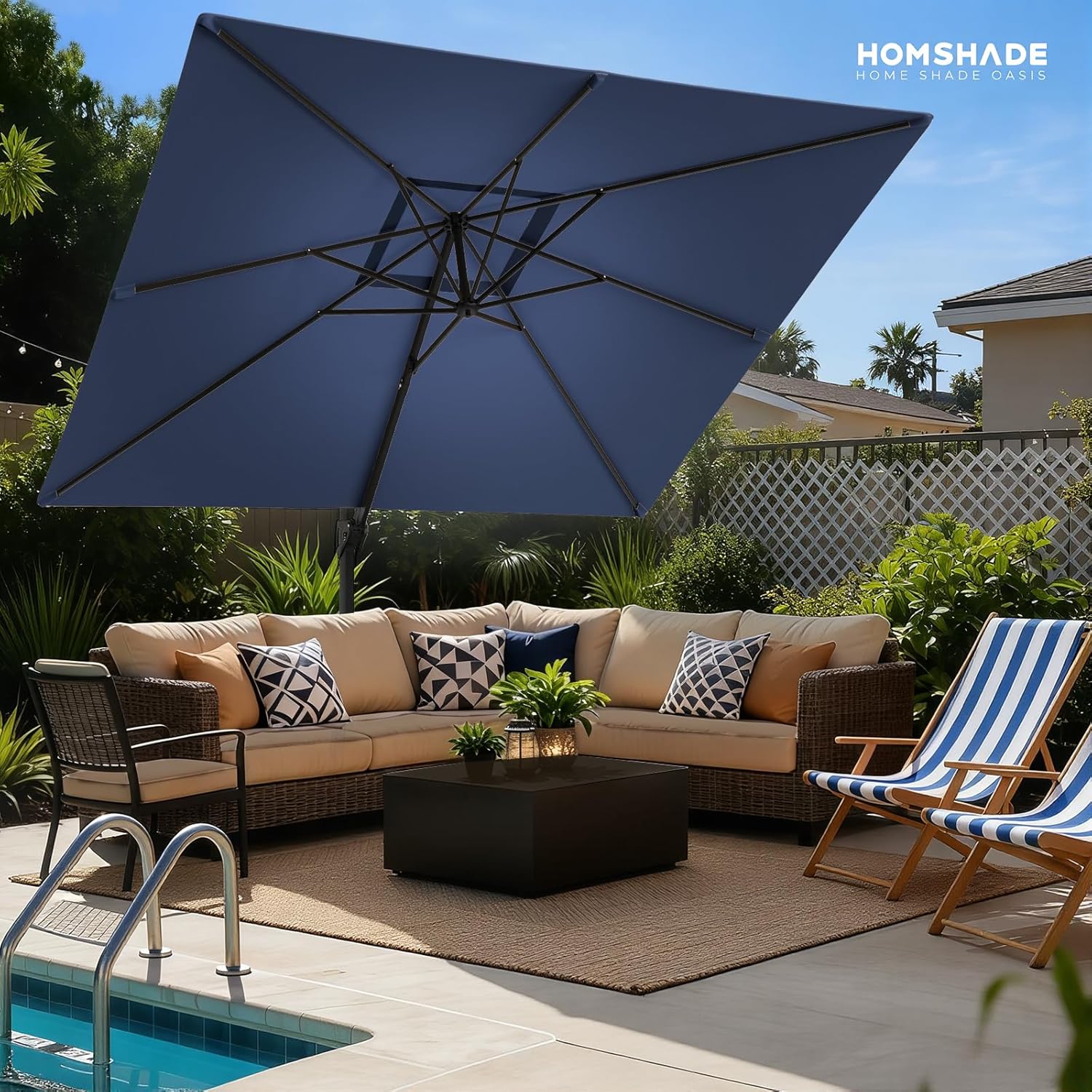 HOMSHADE 10x10 FT Cantilever Patio Umbrella Outdoor with Base- Large Offset Heavy-Duty Aluminum Umbrella with 360° Rotation, 6 Tilts, Windproof, 3-Year Fade Resistance for Pool Deck, Square, Navy Blue