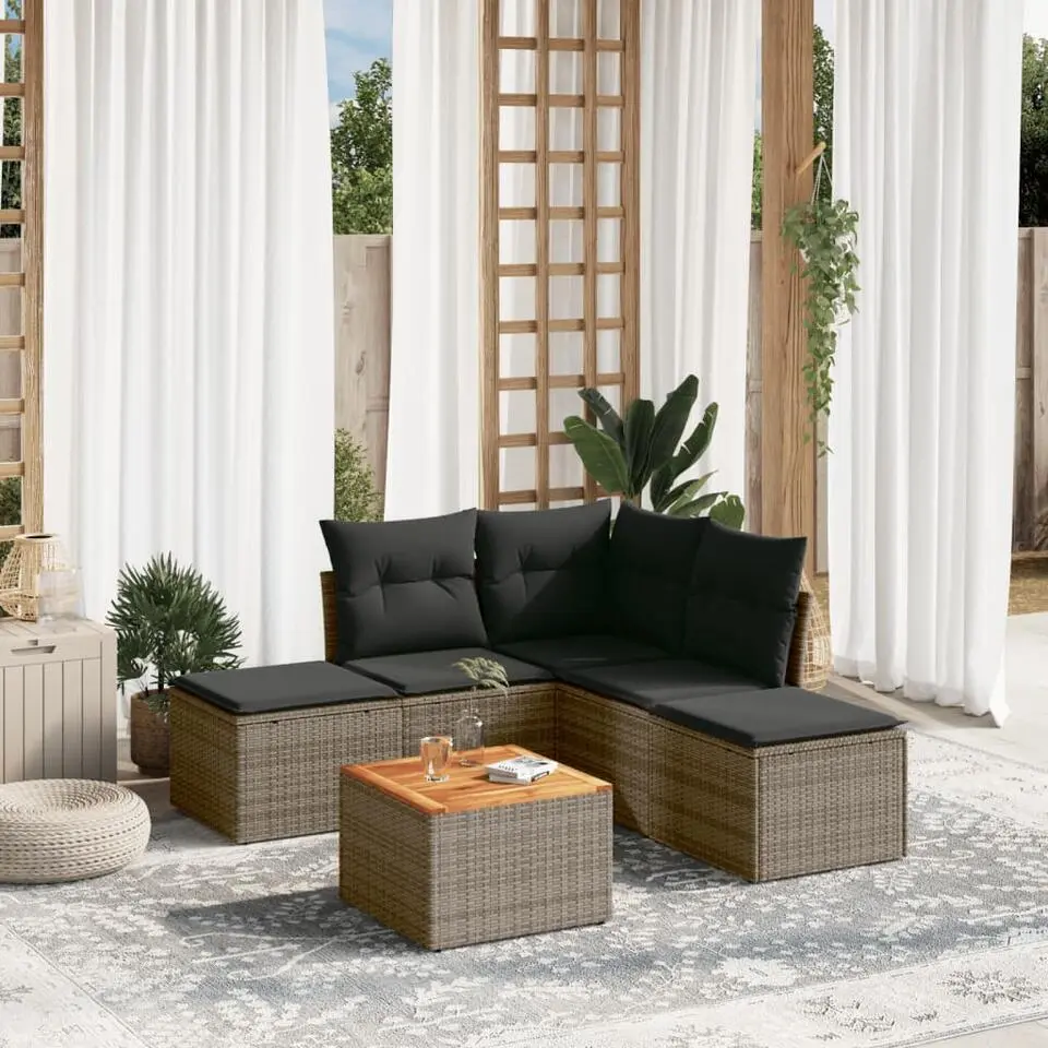 vidaXL 6-delige Loungeset met kussens en hout salontafel - Grijs - Poly rattan