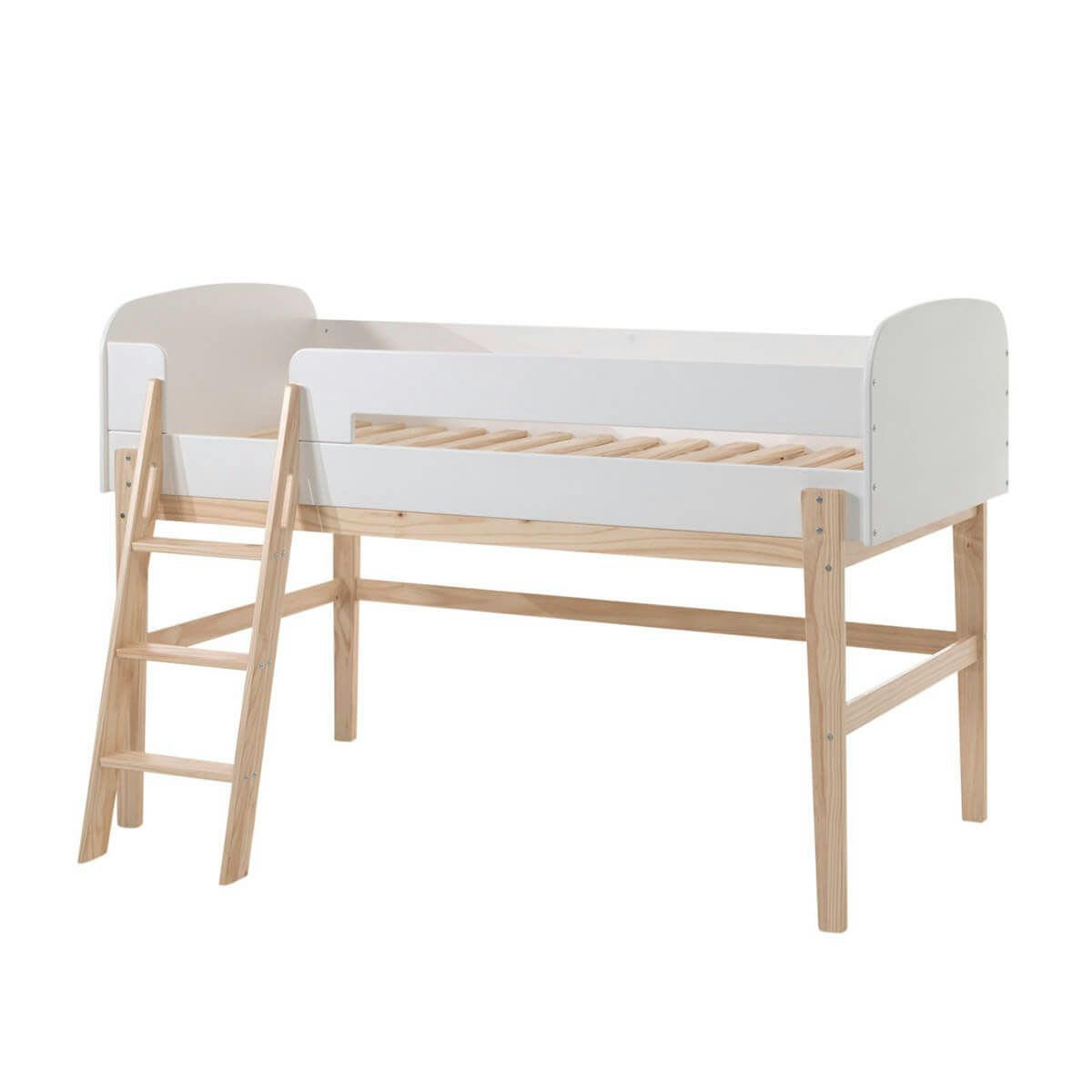 BODHI WHITE - Lit  surélevé 90x200cm h.120cm blanc et bois