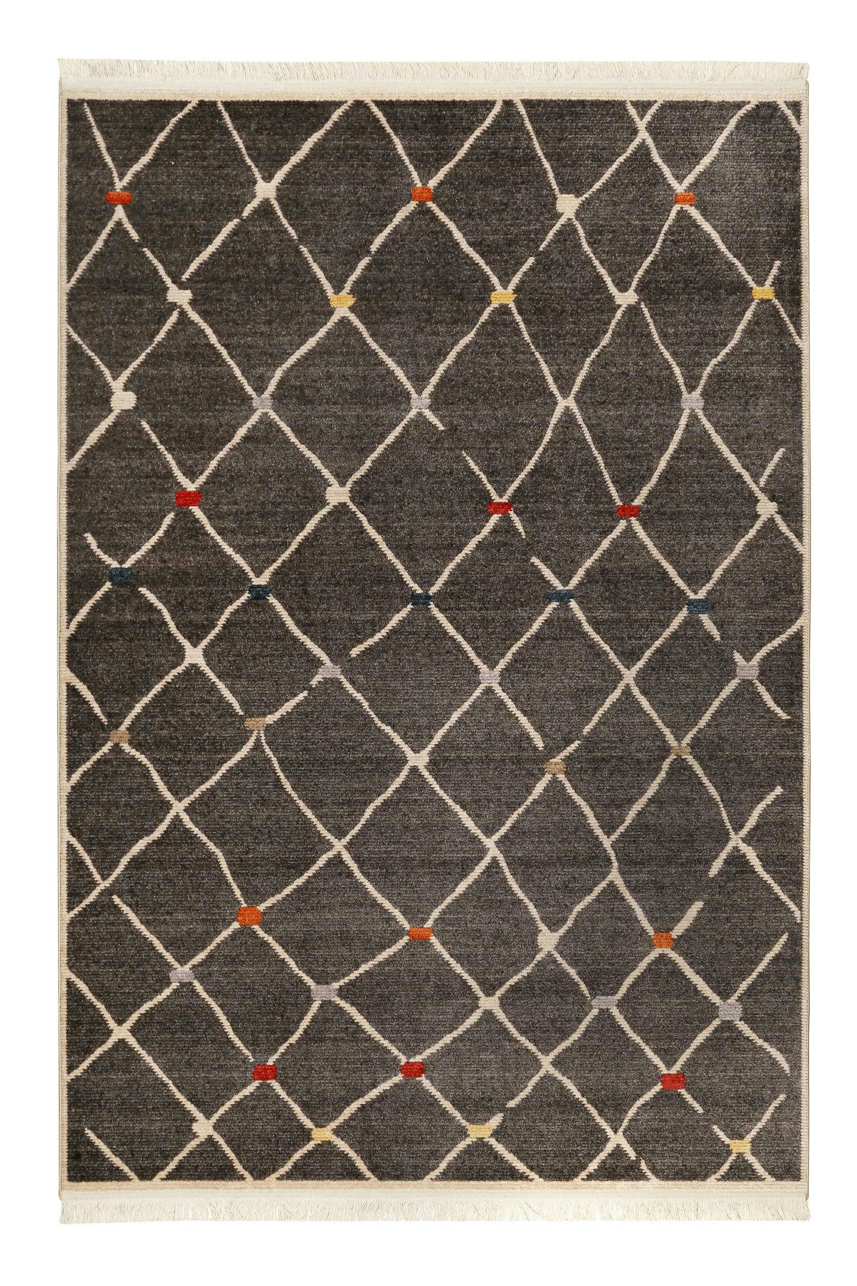 MARCHE BONSECOURS - Tapis tissé ethnique chic à franges multicolore fond gris 160x225