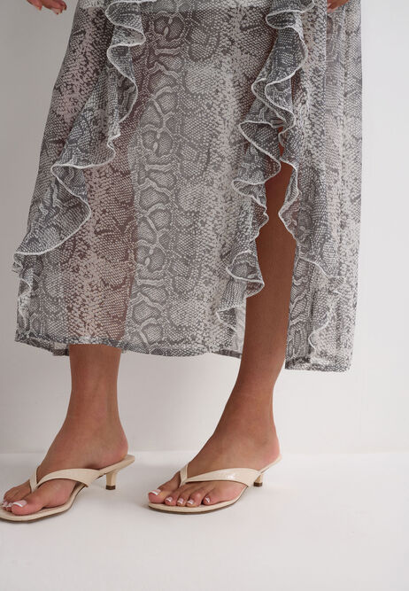 Womens Grey Snake Print Ruffle Sheer Midi Skirt