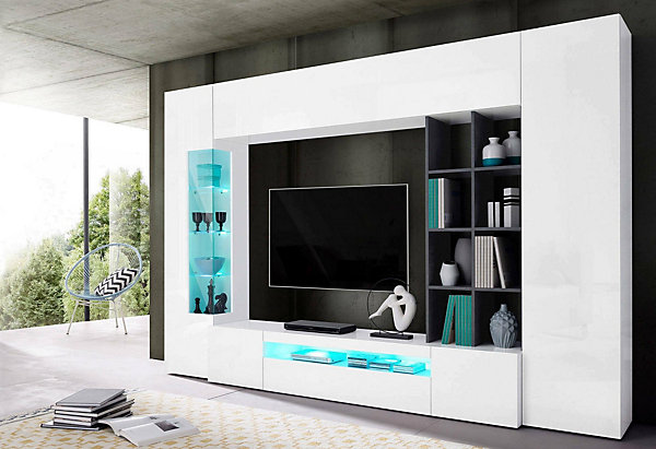Ensemble mural Ocean, meuble TV pour salon, meuble de salon polyvalent avec lumière LED, 290x40h192 cm, blanc brillant et ardoise
